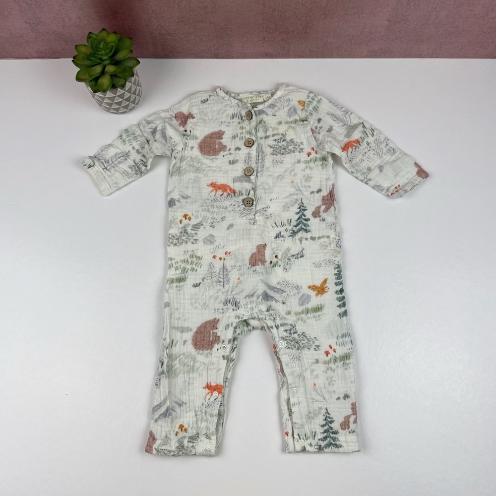 Elegant Baby Organics Wildlife Bear Fox White Green Forest One Piece Baby 3-6M